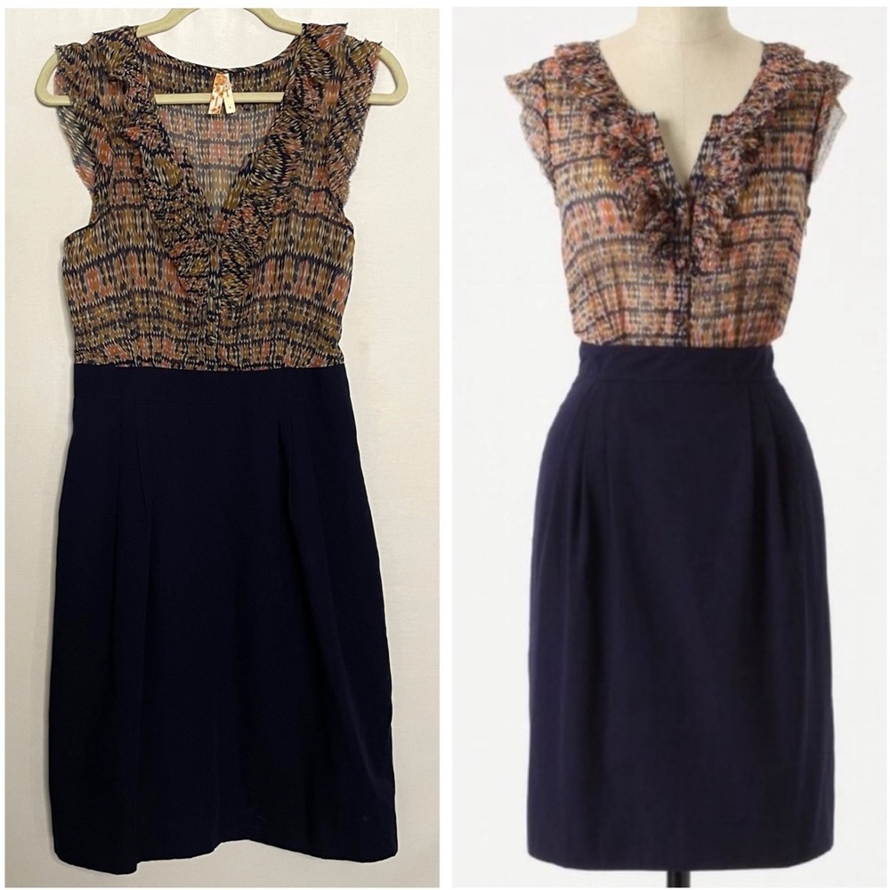 Anthropologie Multicolor Ruffled Bodice Navy Midi Dress